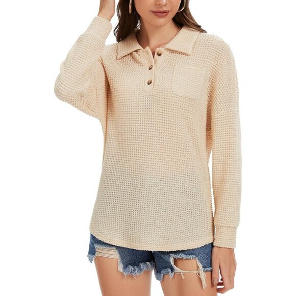Womens Waffle Knit V-Neck Long Sleeve Button Top Casual Office Style - Picture 2 of 7